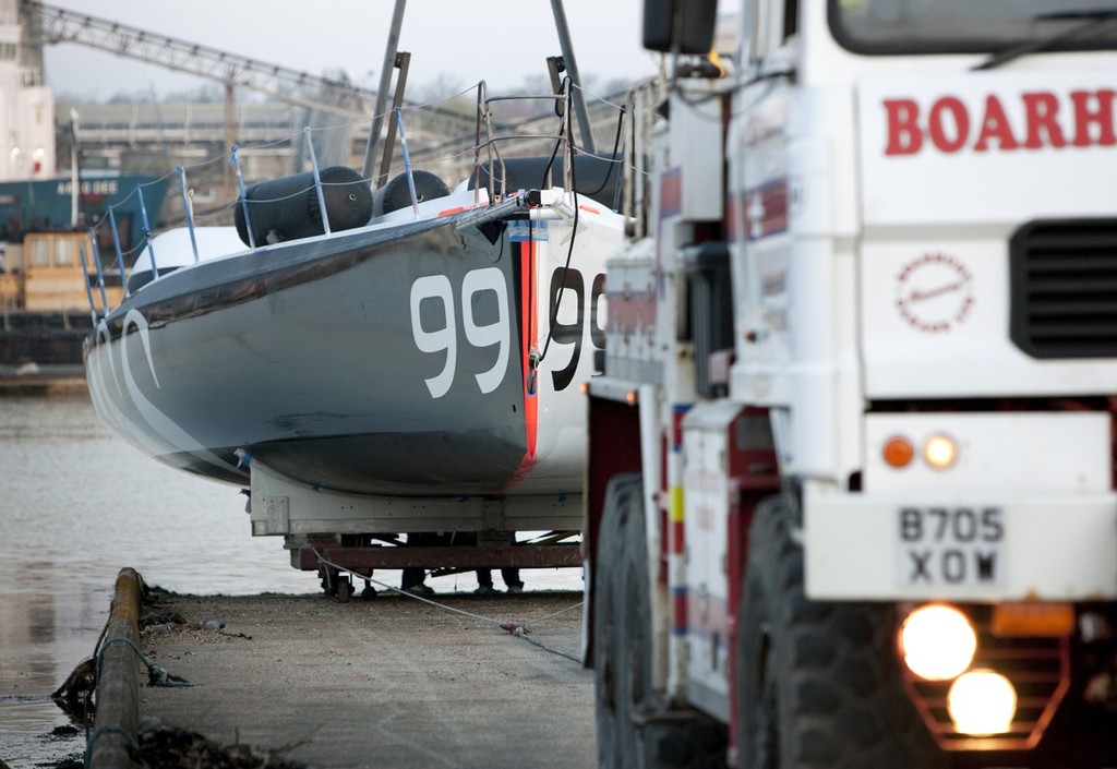 23rd April 2010. Southampton, UK. Alex Thomson’s new Hugo Boss Open 60. Shown here as the yacht is launched from slipway at Green Marine, Southampton © Lloyd Images http://lloydimagesgallery.photoshelter.com/